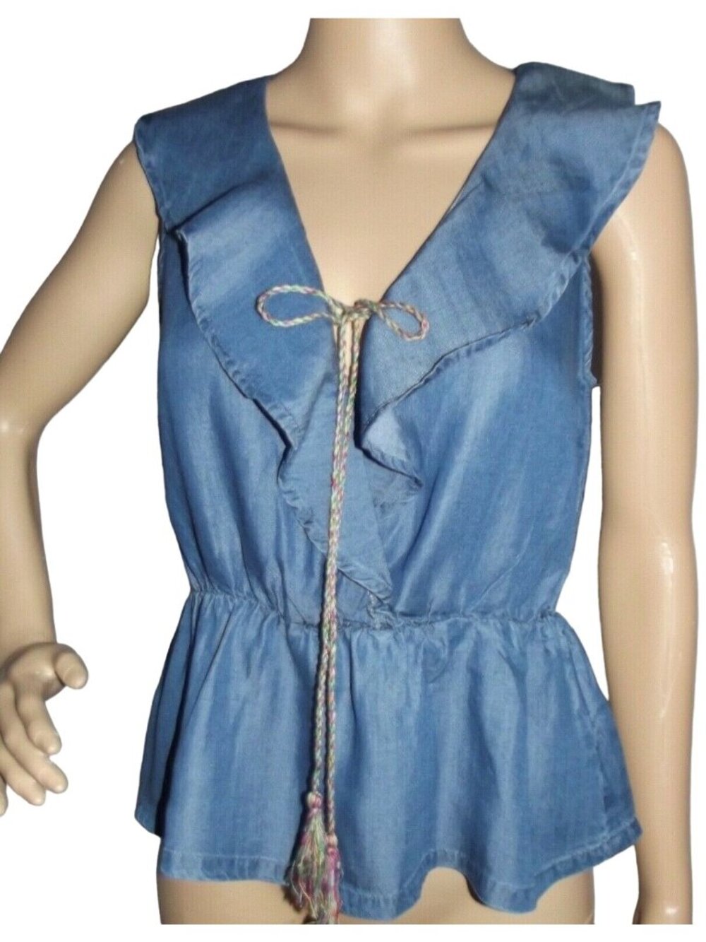 Tank Top Ethereal by Paper Crane Womens Small Blue Denim Chambray V-Neck Ruffle